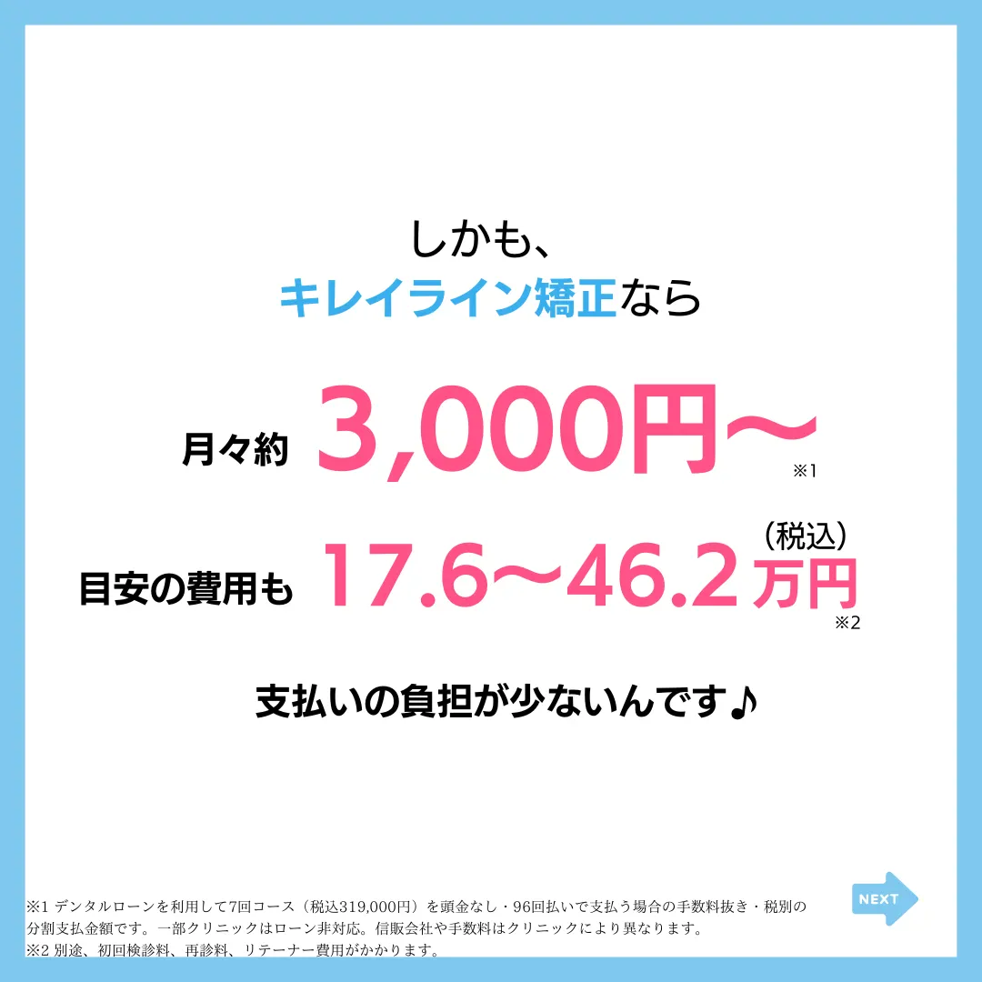 しかも、
キレイライン矯正なら
月々約3,000円〜（税込）
目安の費用も17.6〜46.2万円
支払いの負担が少ないんです♪
※1デンタルローンを利用して7回コース（税込319,000円）を頭金なし・96回払いで支払う場合の手数料抜き・税別の
分割支払金額です。一部クリニックはローン非対応。宿販会社や手数料はクリニックにより異なります。
※2 別途、初回検診料、再診料、リテーナー費用がかかります。