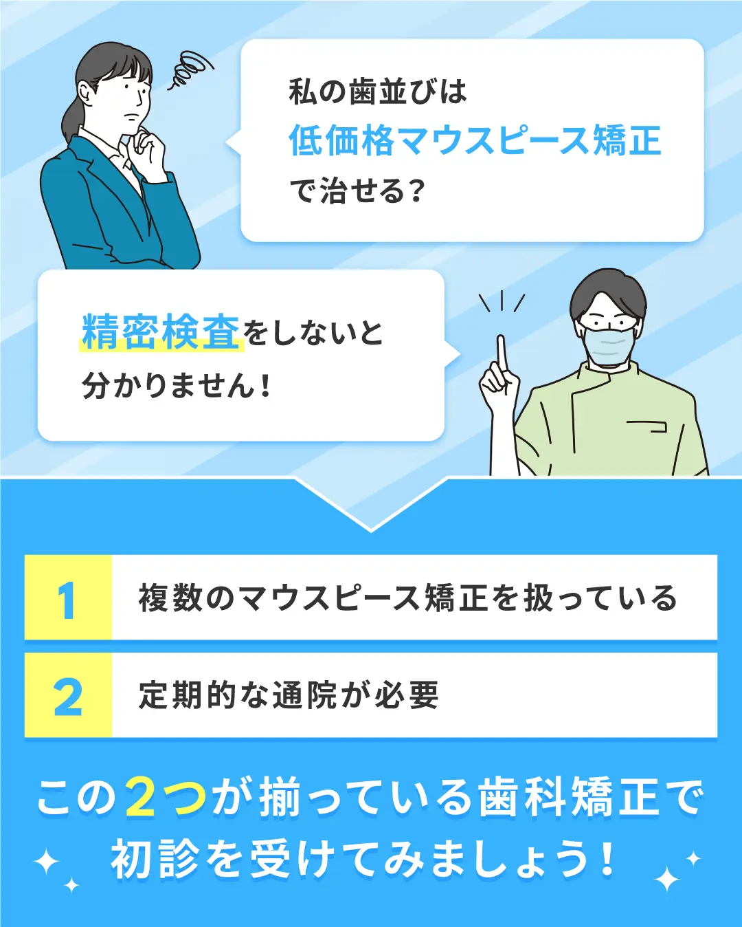 私の歯並びは
低価格マウスピース矯正
で治せる？

精密検査をしないと
分かりません！

複数のマウスピース矯正を扱っている
定期的な通院が必要

この2つが揃っている歯科矯正で
初診を受けてみましょう！